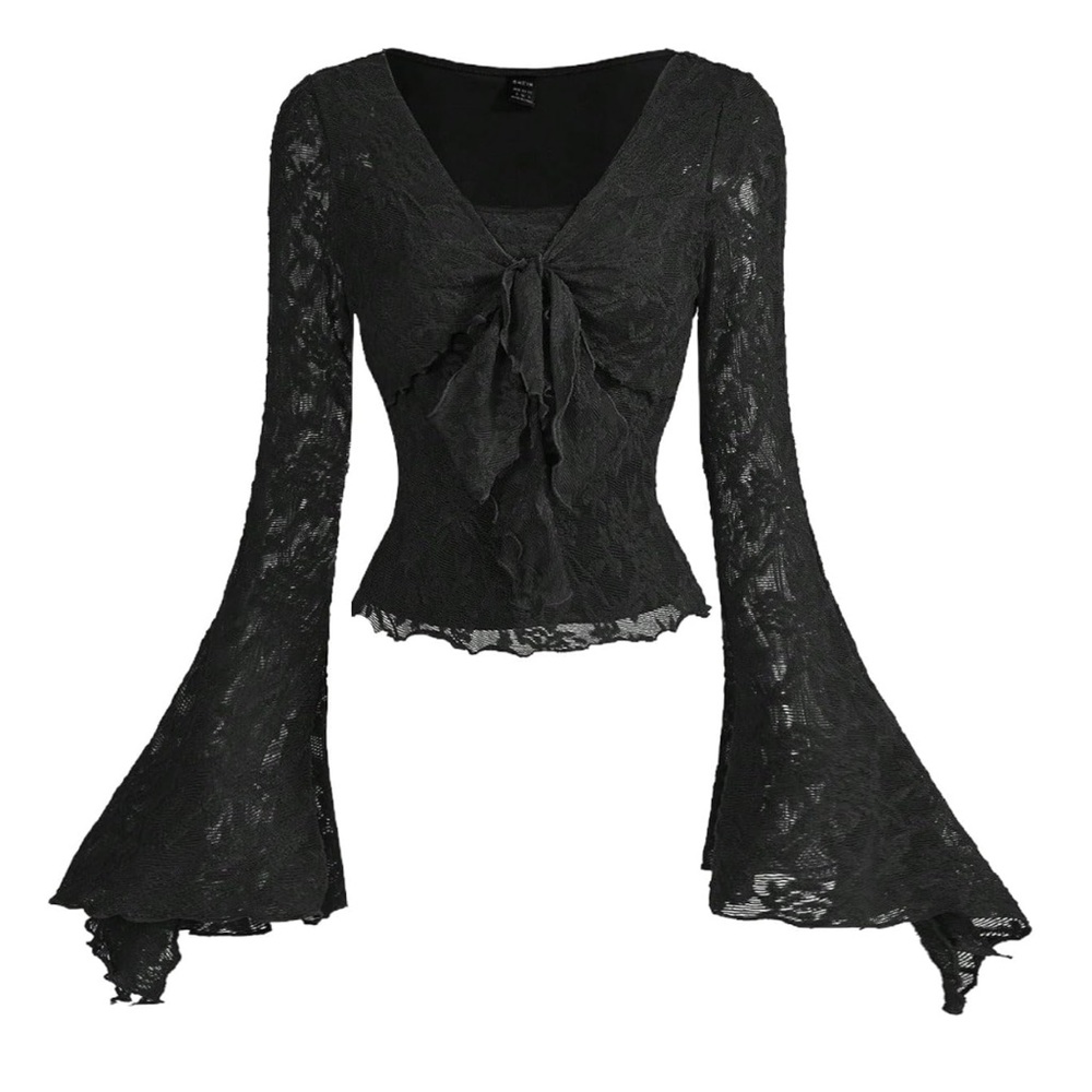 Whimsigoth Black Lace Bell Sleeve Peplum Top